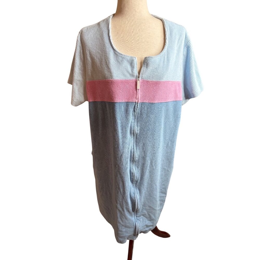 Stan Herman Womens Colorblock Short Sleeve Zip-Front Lounge Dress 1X Blue & Pink